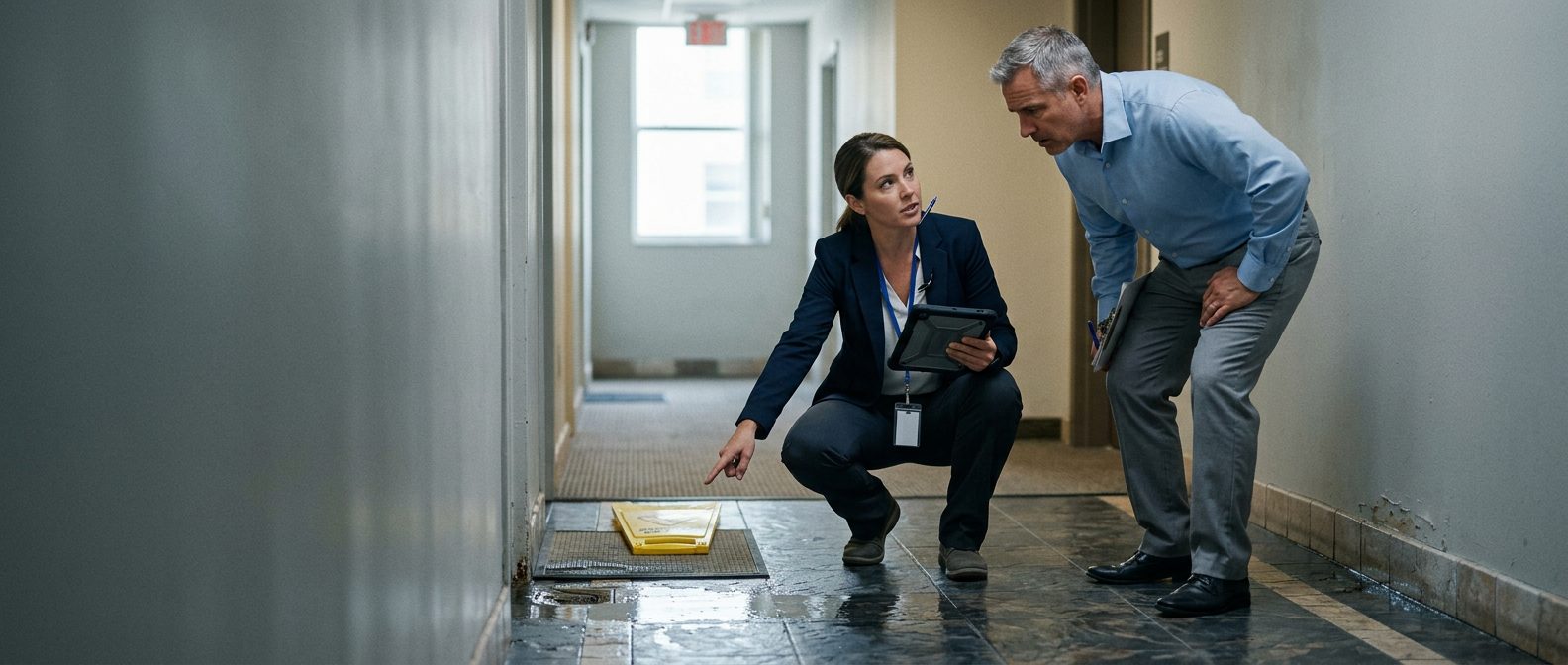 Property manager and safety inspector inspecting wet floor, missing signage, and drainage problems in commercial hallway.