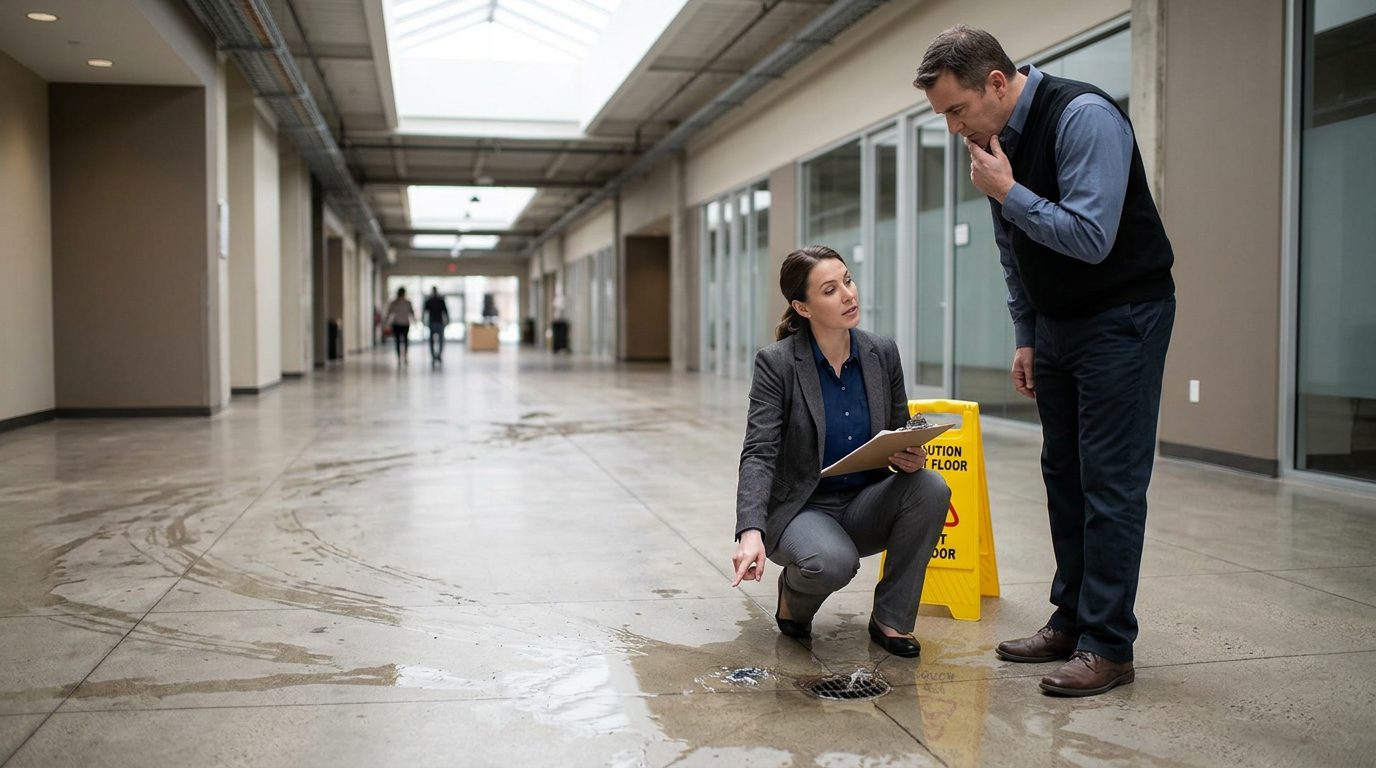 Property manager and safety inspector inspecting wet floor, missing warning signs, and drainage problems in commercial hallway.