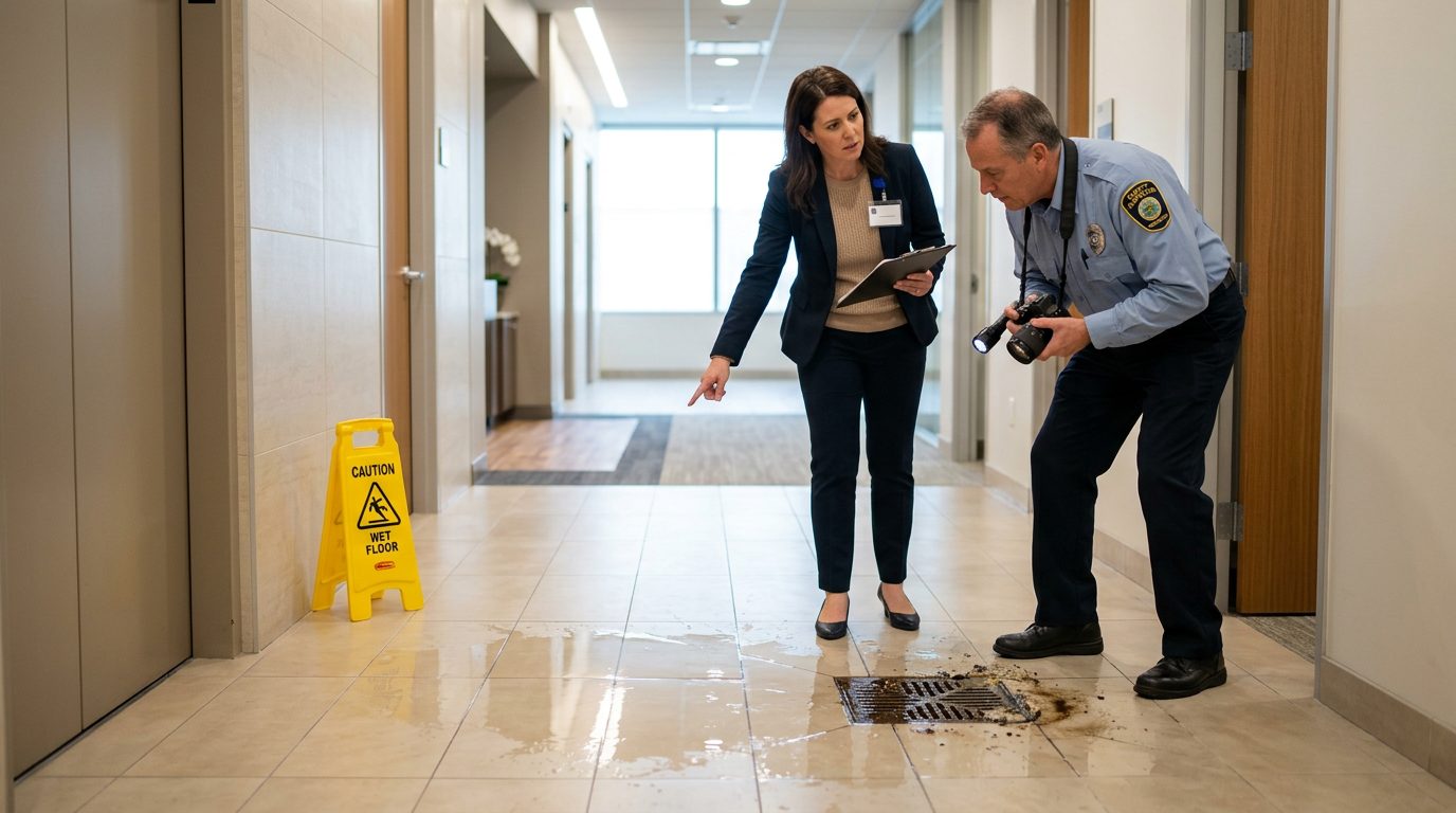 Property manager and safety inspector inspecting wet floor, missing warning signs, and drainage problems in commercial hallway.