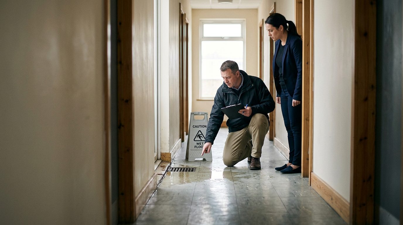 Property manager and safety inspector inspecting wet floor, missing warning signs, and drainage problems in commercial hallway.