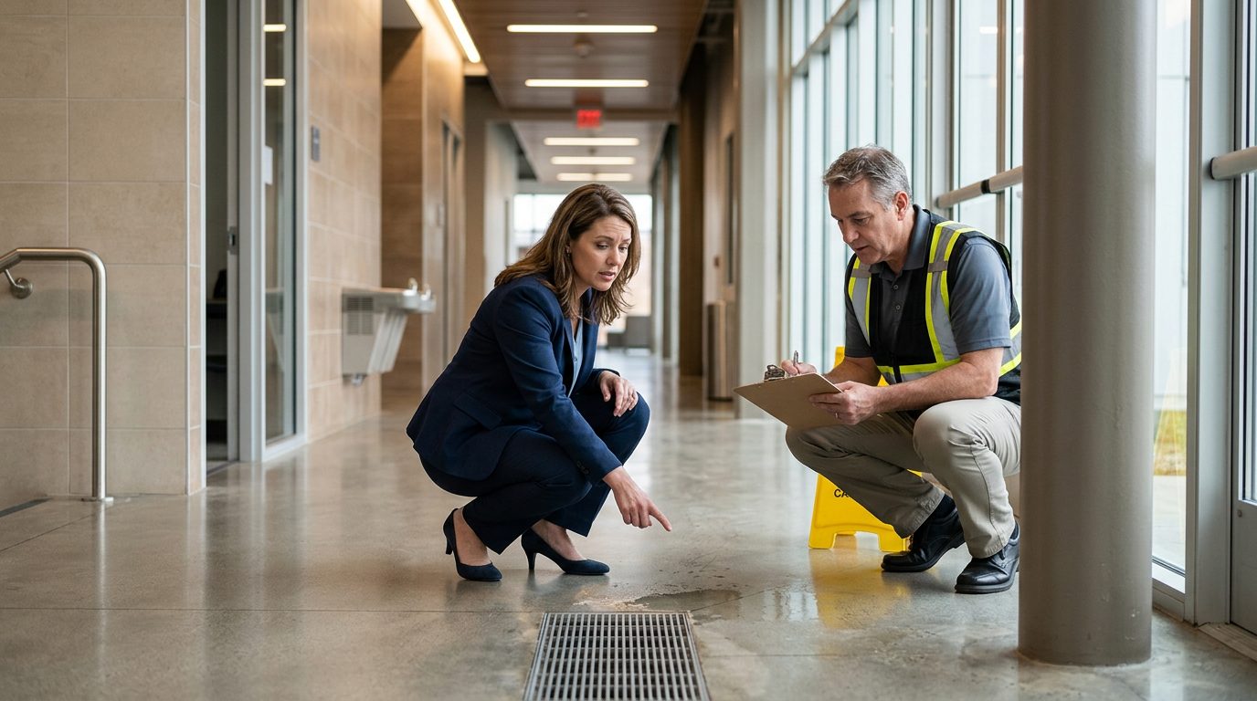 Property manager and safety inspector inspecting wet floor, missing warning signs, and drainage problems in commercial hallway.