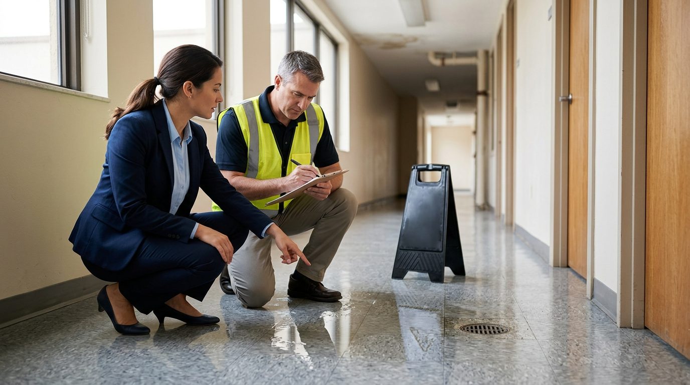 Property manager and safety inspector inspecting wet floor, missing warning signs, and drainage problems in commercial hallway.