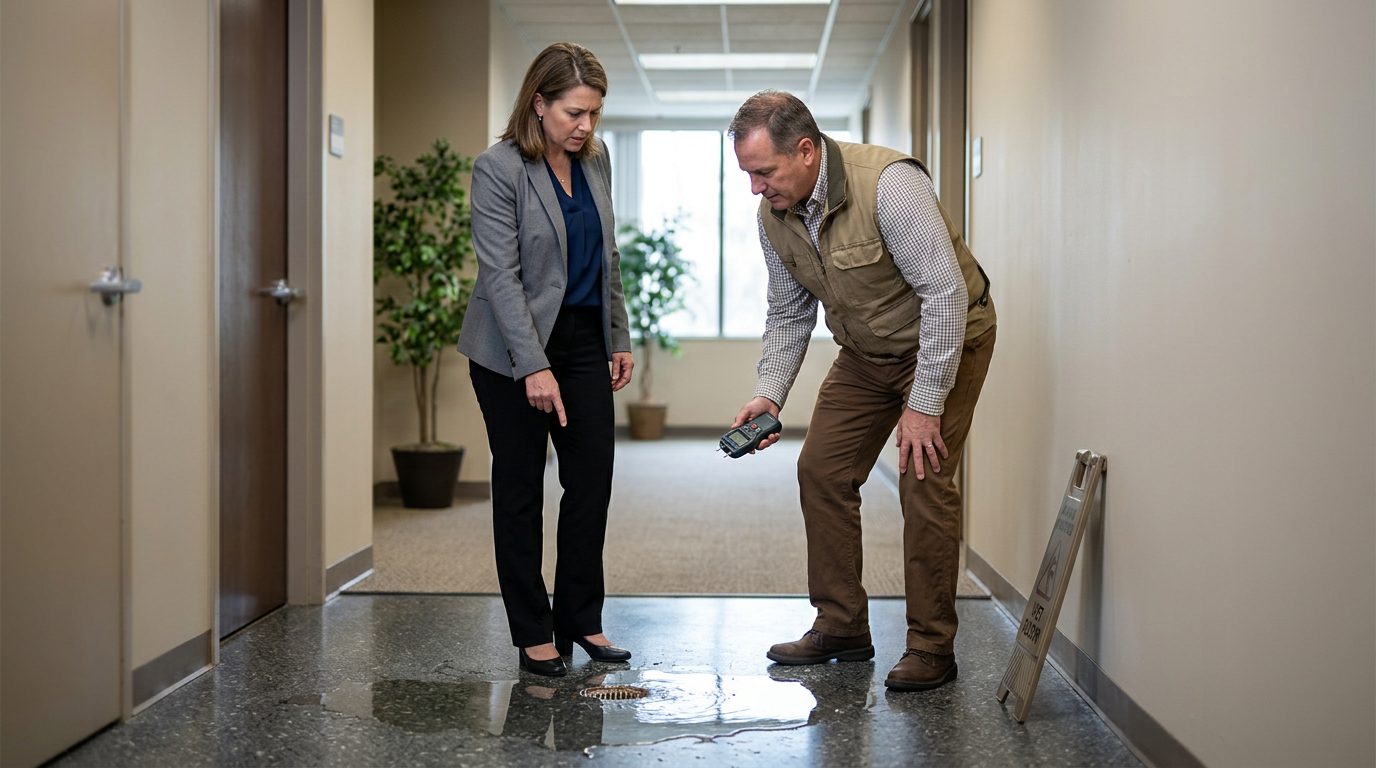 Property manager and safety inspector inspecting wet floor, missing warning signs, and drainage problems in commercial hallway.