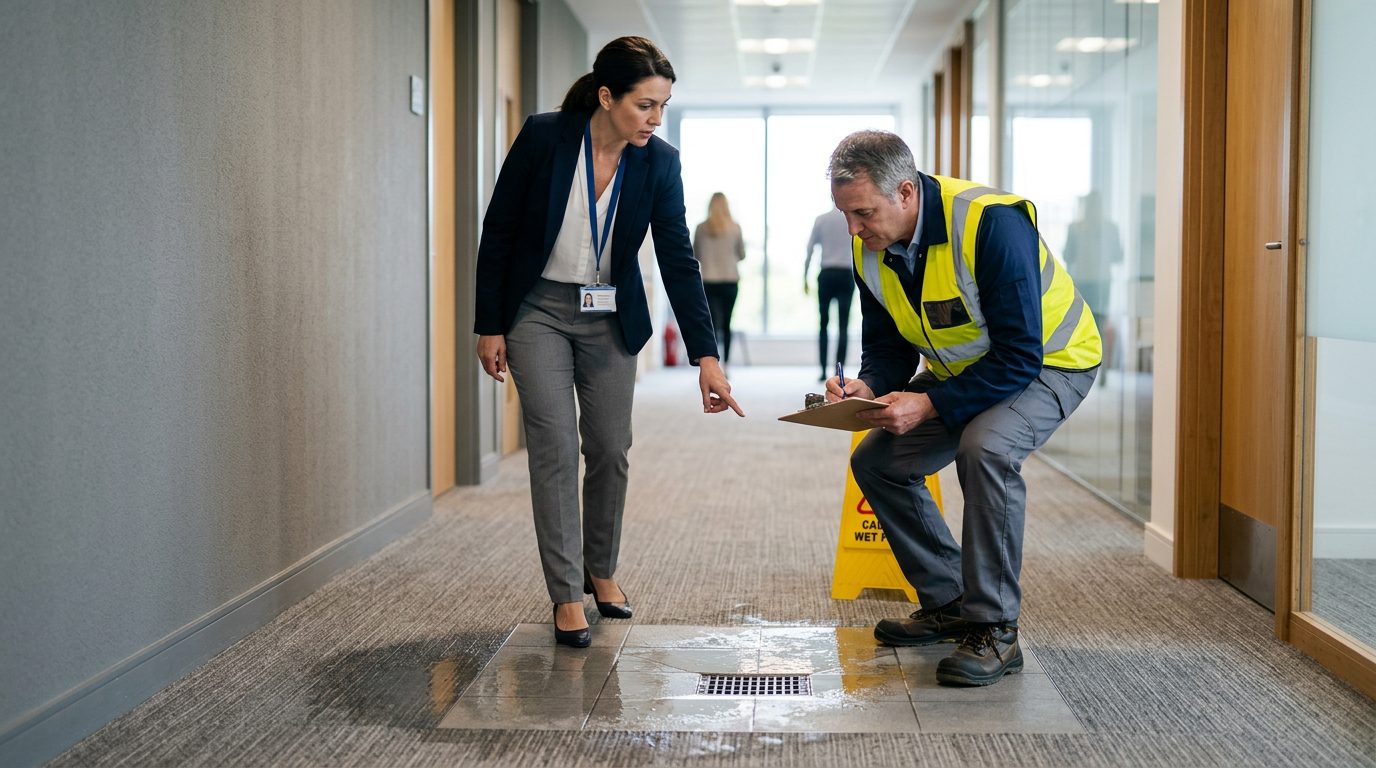 Property manager and safety inspector inspecting wet floor, signage, and drainage in commercial hallway.
