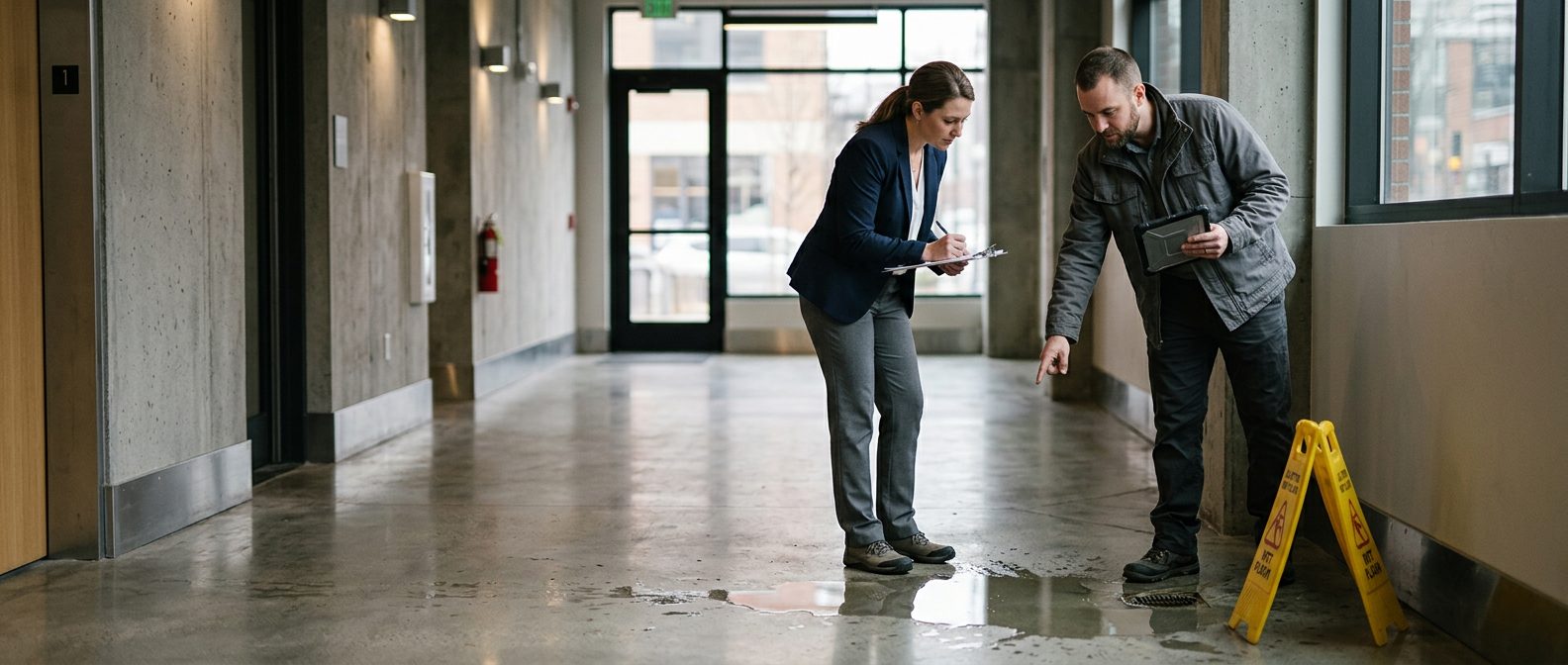 Property manager and safety inspector inspecting wet floor, signage, and drainage in commercial hallway.