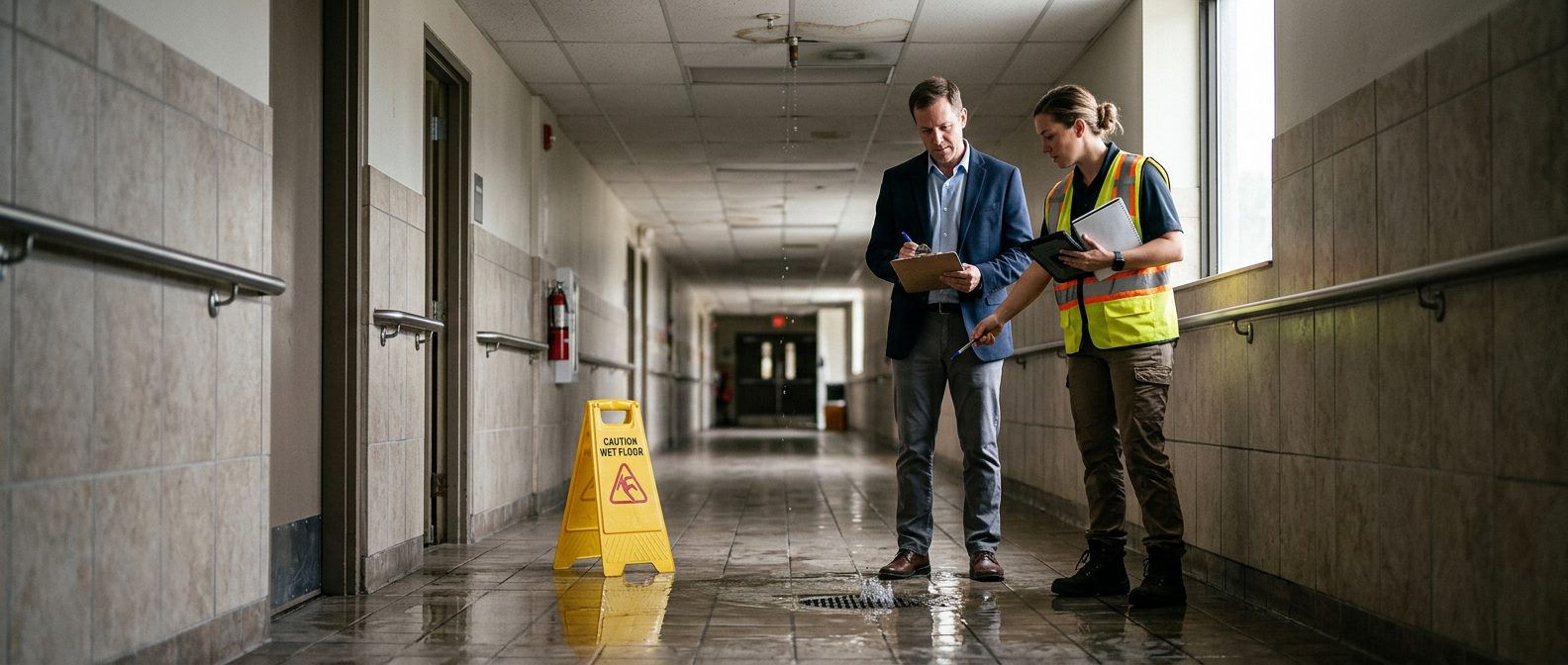 Property manager and safety inspector inspecting wet flooring and inadequate signage in commercial hallway.