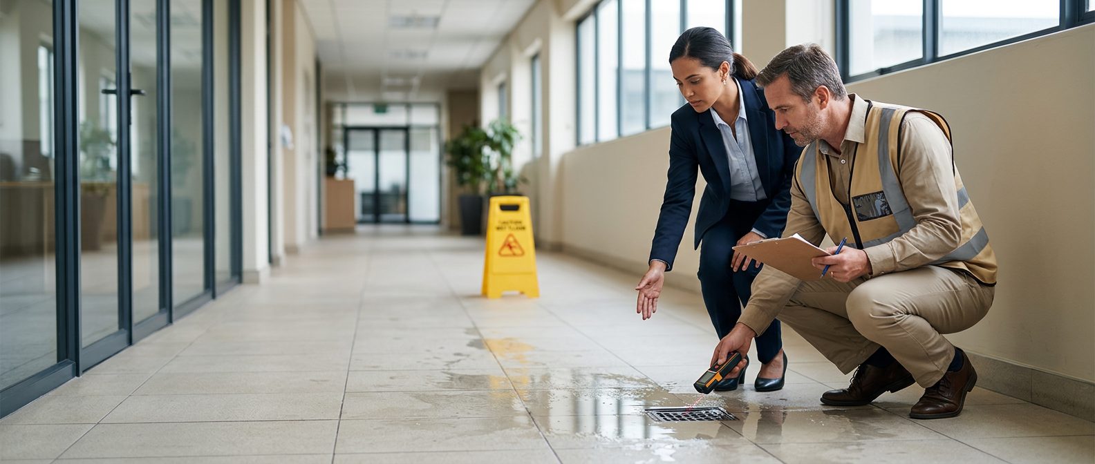 Property manager and safety inspector inspecting wet flooring and drainage issues in commercial hallway.
