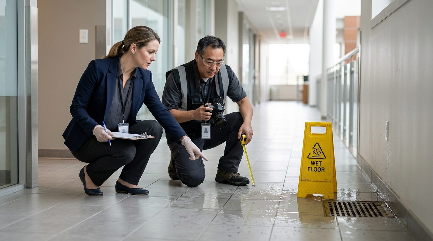 Property manager and safety inspector inspecting wet flooring and inadequate signage in commercial hallway.