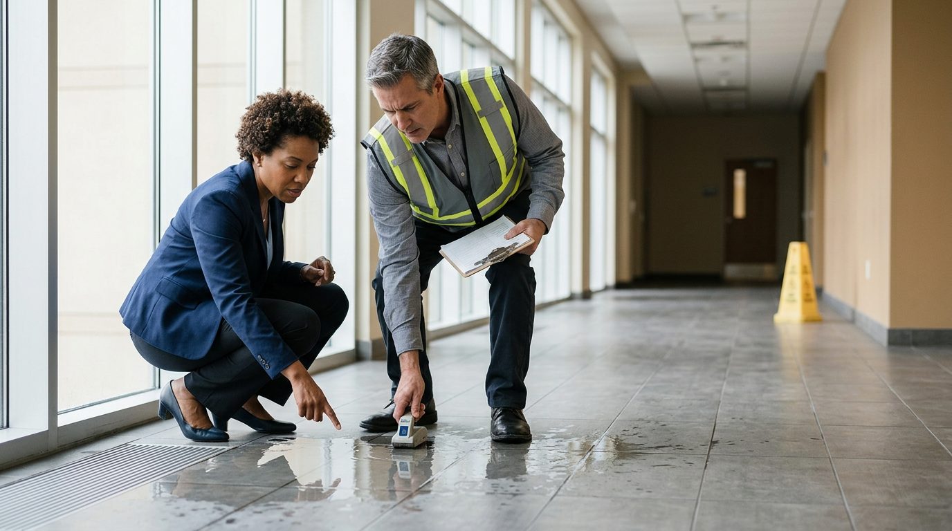 Property manager and safety inspector inspecting wet flooring and missing warning signs in commercial hallway.