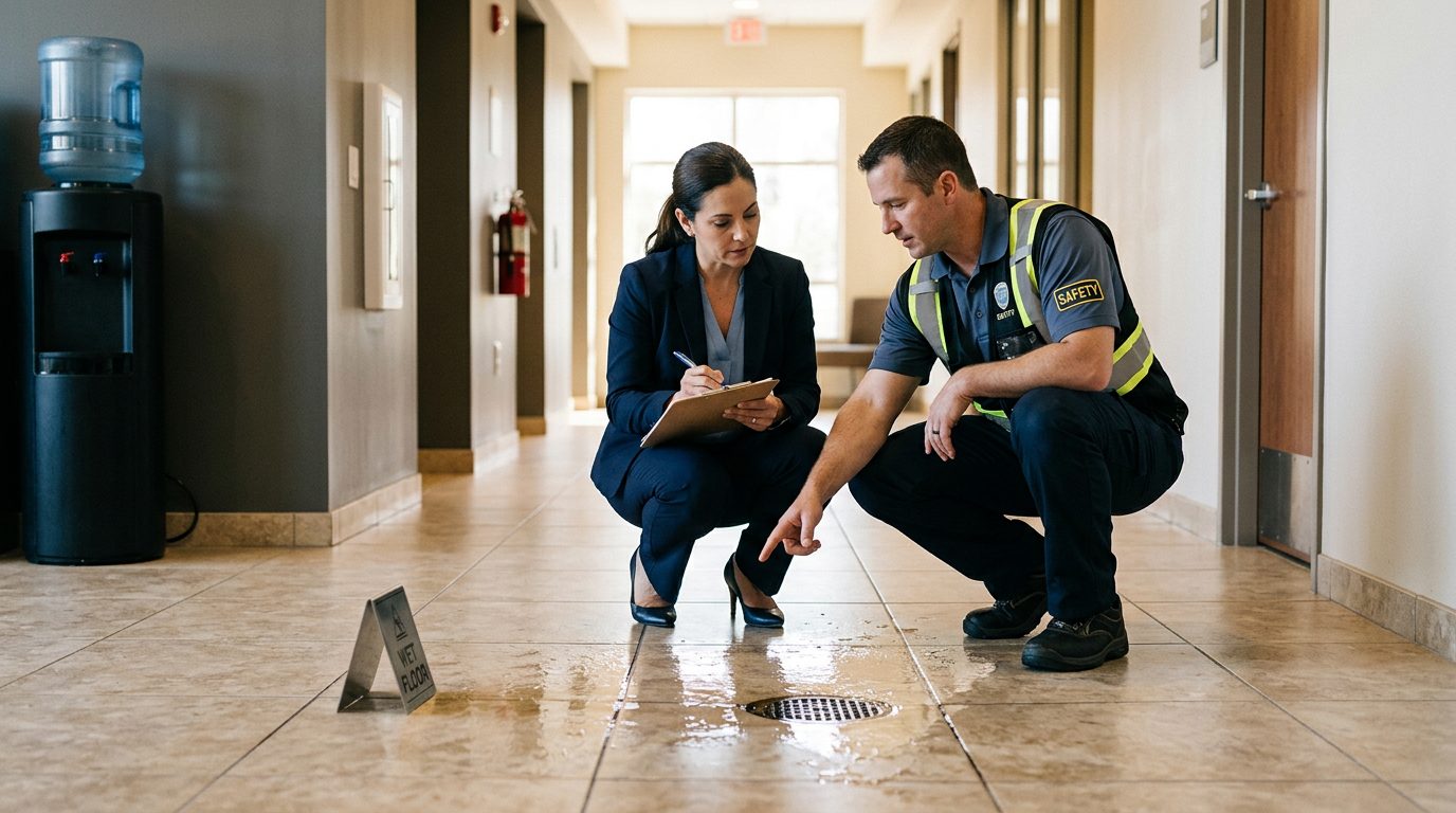Property manager and safety inspector inspecting wet flooring, missing signage, and drainage problems in commercial hallway.