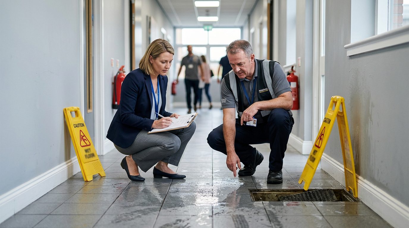 Property manager and safety inspector inspecting wet flooring and inadequate signage in commercial hallway.