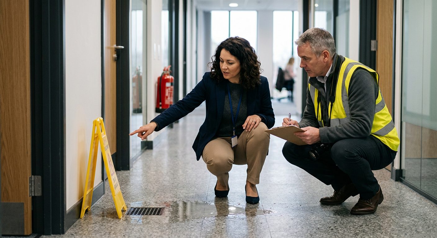 Property manager and safety inspector inspecting wet flooring and inadequate signage in commercial hallway.