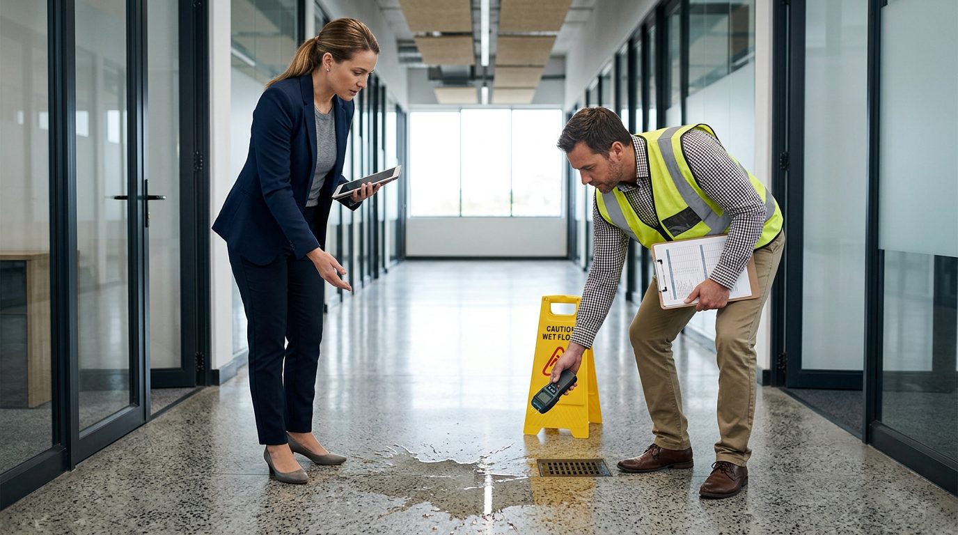 Property manager and safety inspector inspecting wet flooring, missing warning signs, and drainage problems in commercial hallway.