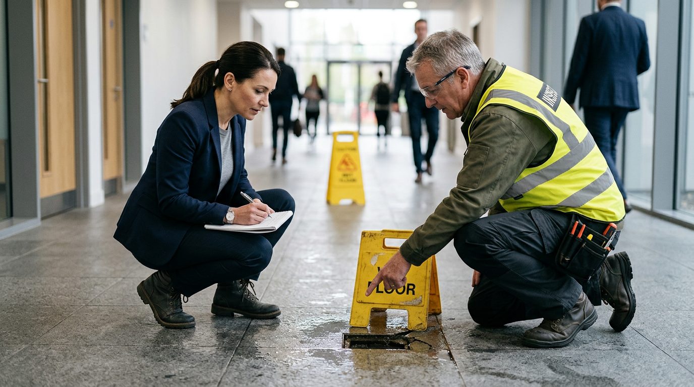 Property manager and safety inspector inspecting wet flooring and inadequate signage in commercial hallway.