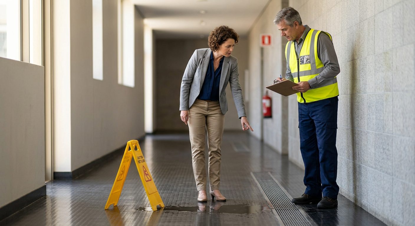 Property manager and safety inspector inspecting wet flooring and inadequate signage in commercial hallway.