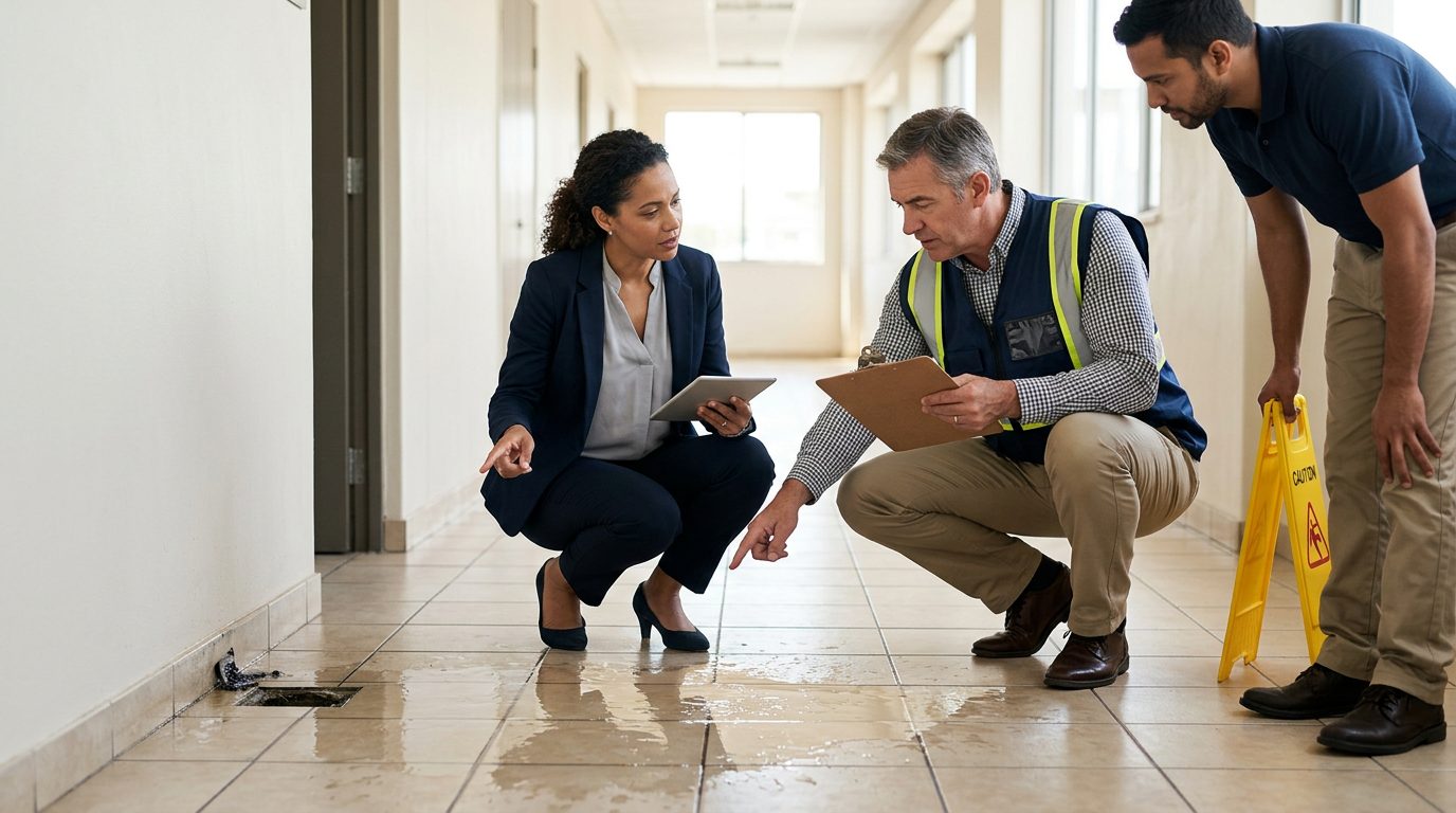 Property manager and safety inspector inspecting wet flooring and drainage issues in commercial hallway.