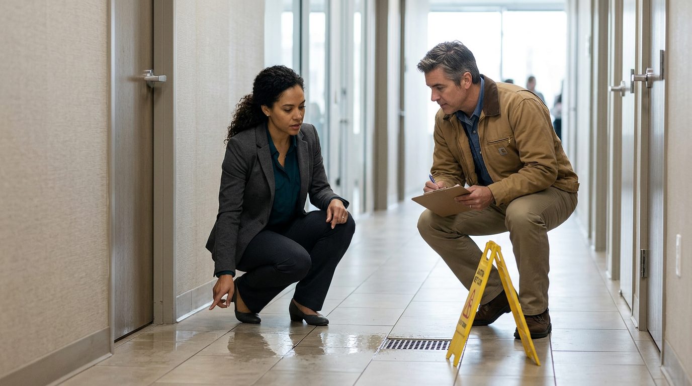 Property manager and safety inspector inspecting wet flooring and inadequate signage in commercial hallway.