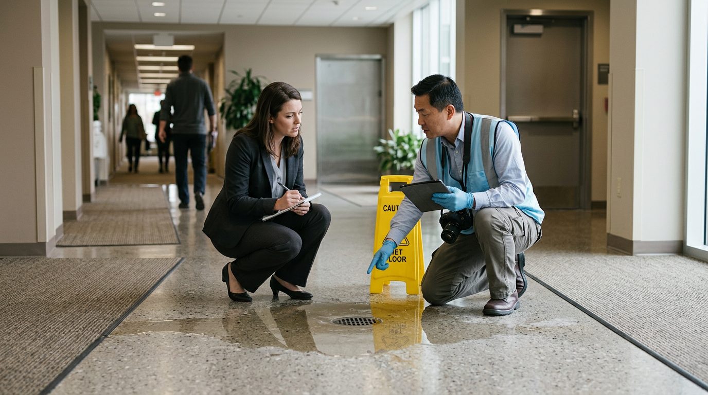 Property manager and safety inspector inspecting wet flooring and inadequate signage in commercial hallway.