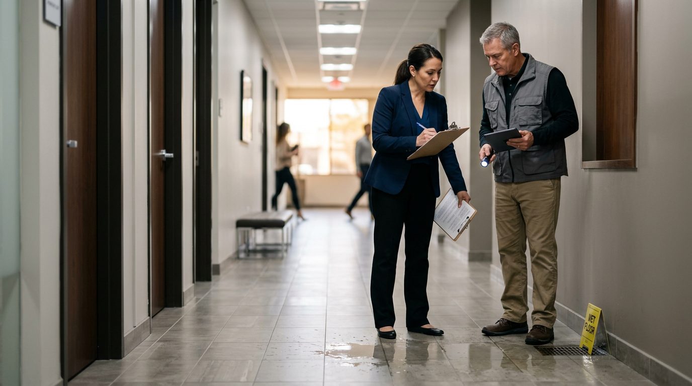 Property manager and safety inspector inspecting wet flooring, missing signage, and drainage problems in commercial hallway.