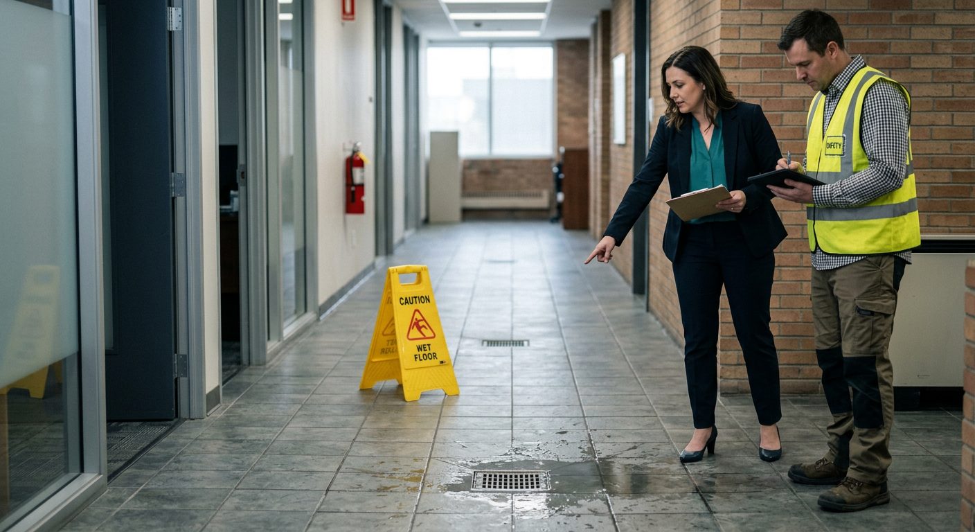 Property manager and safety inspector inspecting wet flooring and drainage issues in commercial hallway.