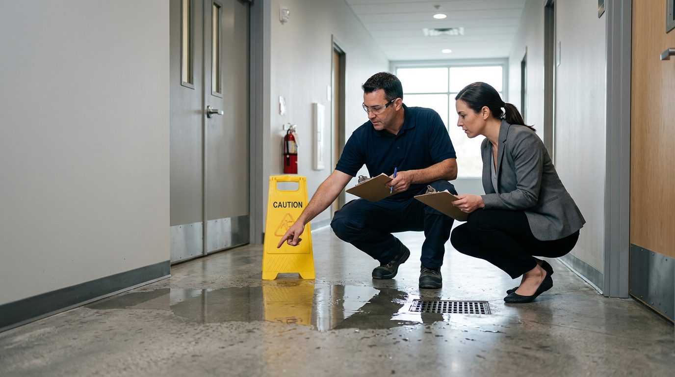 Property manager and safety inspector inspecting wet flooring and inadequate signage in commercial hallway.