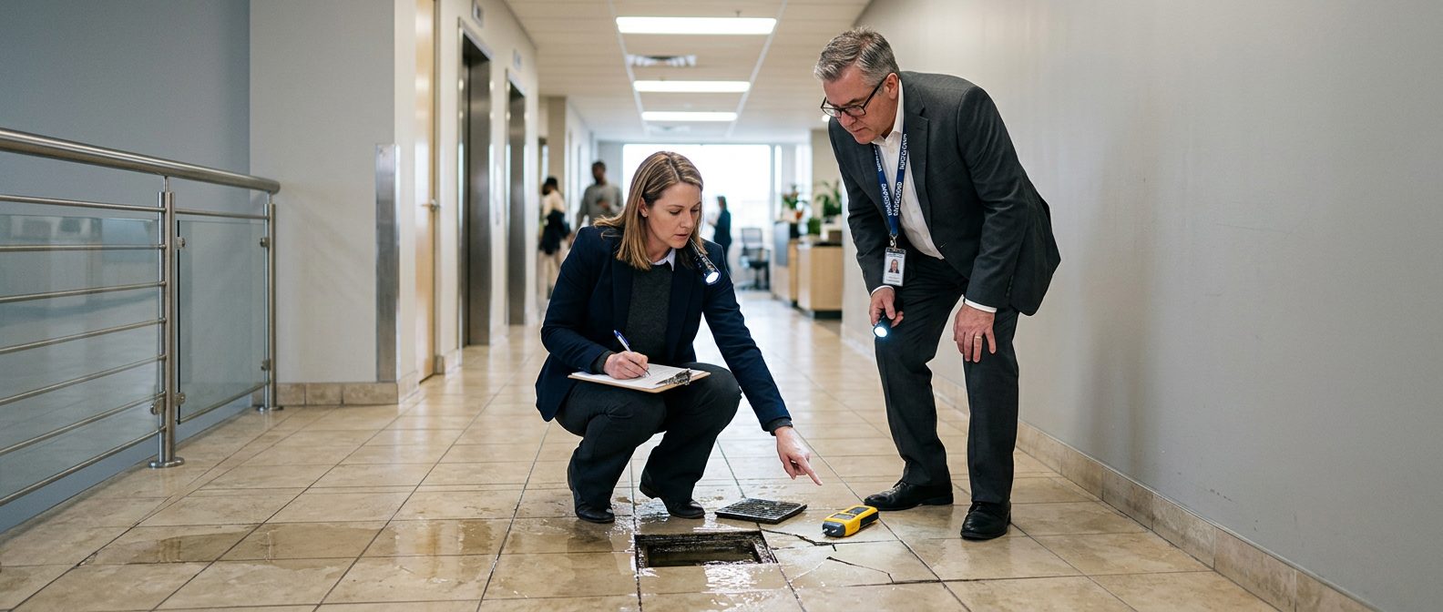 Property manager and safety inspector inspecting wet flooring and drainage issues in commercial hallway.