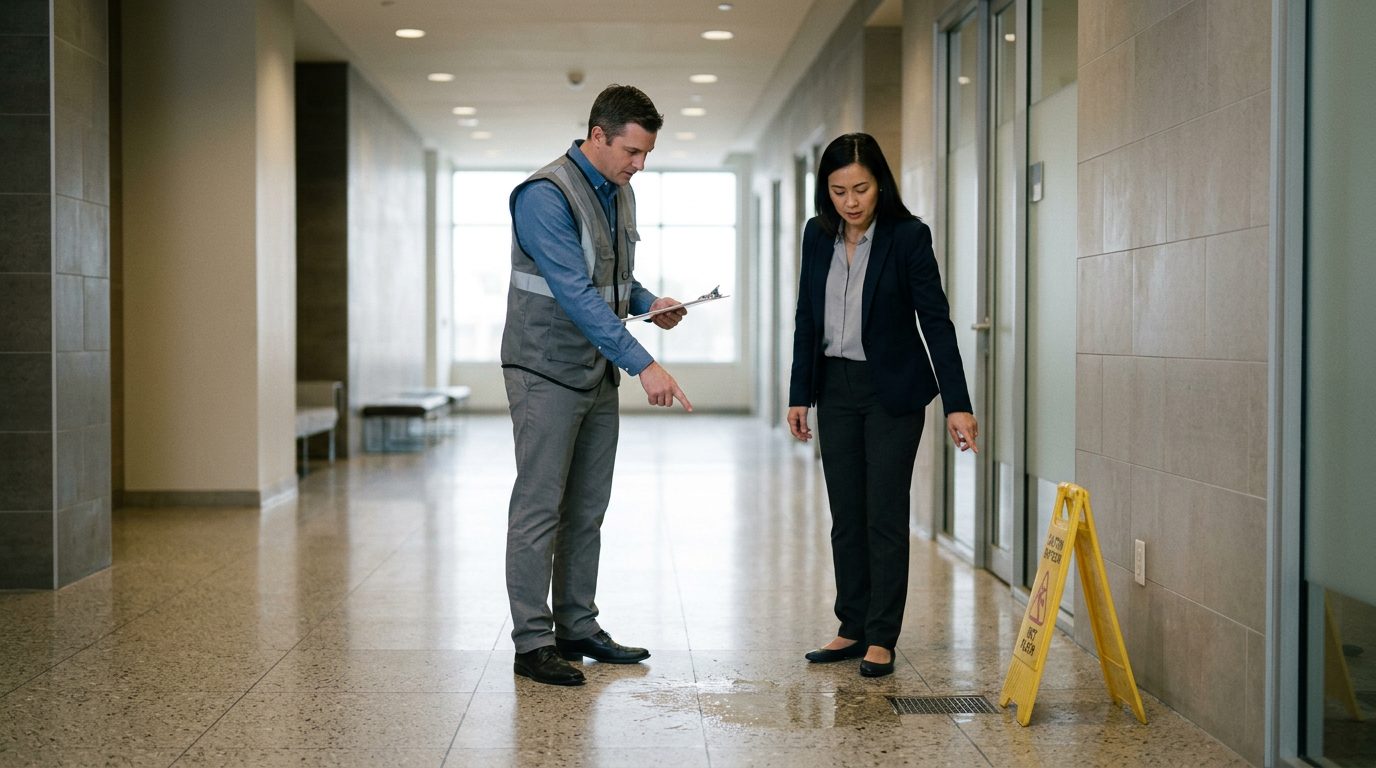 Property manager and safety inspector inspecting wet flooring and inadequate signage in commercial hallway.
