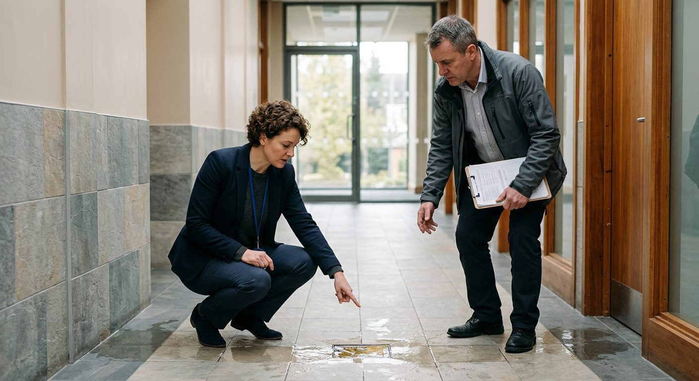 Property manager and safety inspector inspecting wet flooring and inadequate signage in commercial hallway.