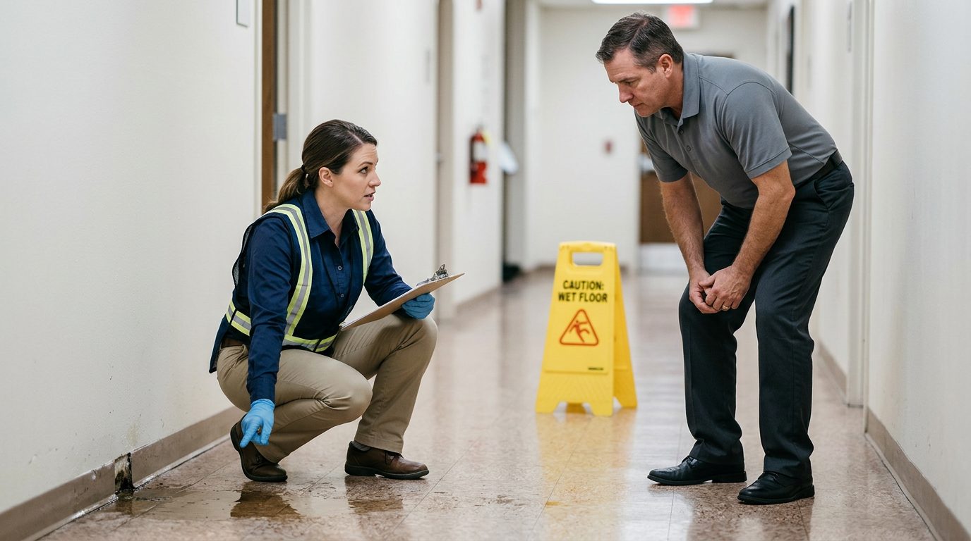 Property manager and safety inspector inspecting wet flooring, missing warning signs, and drainage problems in commercial hallway.