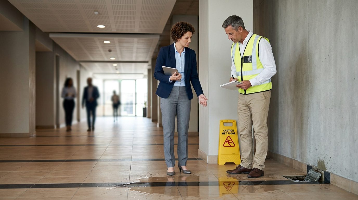 Property manager and safety inspector inspecting wet flooring and inadequate signage in commercial hallway.