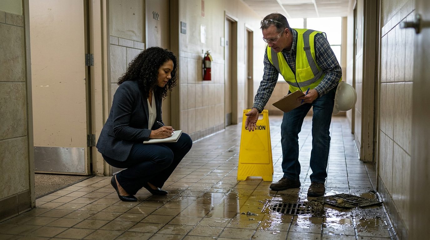 Property manager and safety inspector inspecting wet flooring and drainage issues in commercial hallway.