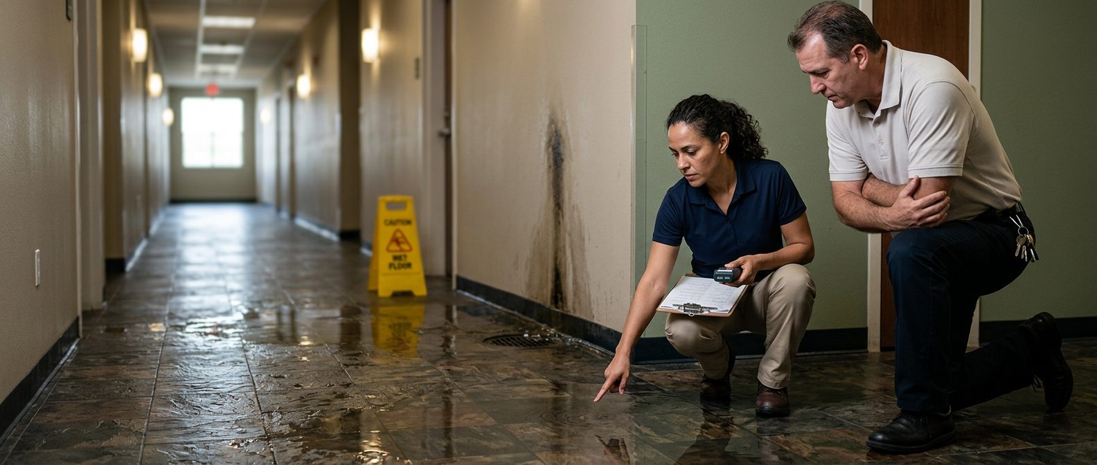 Property manager and safety inspector inspecting wet flooring and inadequate signage in commercial hallway.