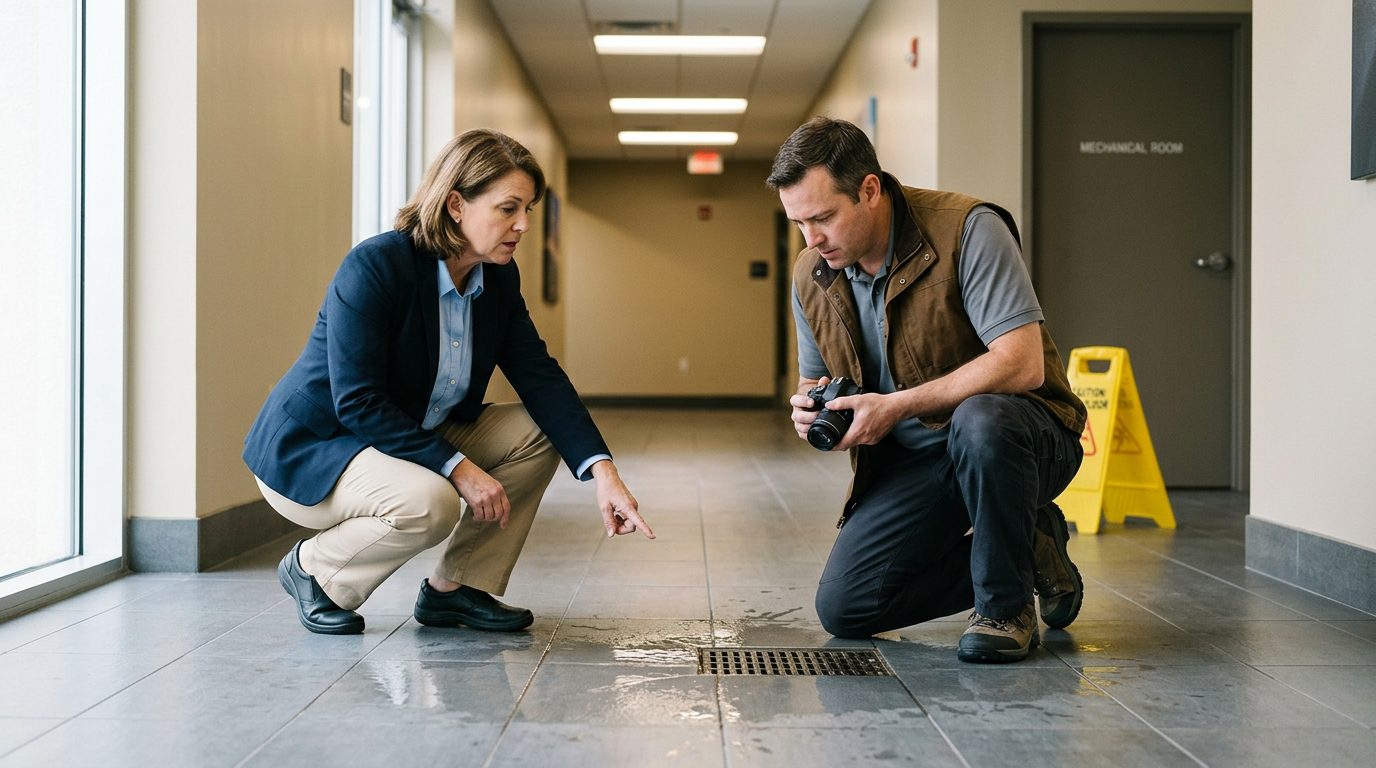 Property manager and safety inspector inspecting wet flooring and drainage issues in commercial hallway.