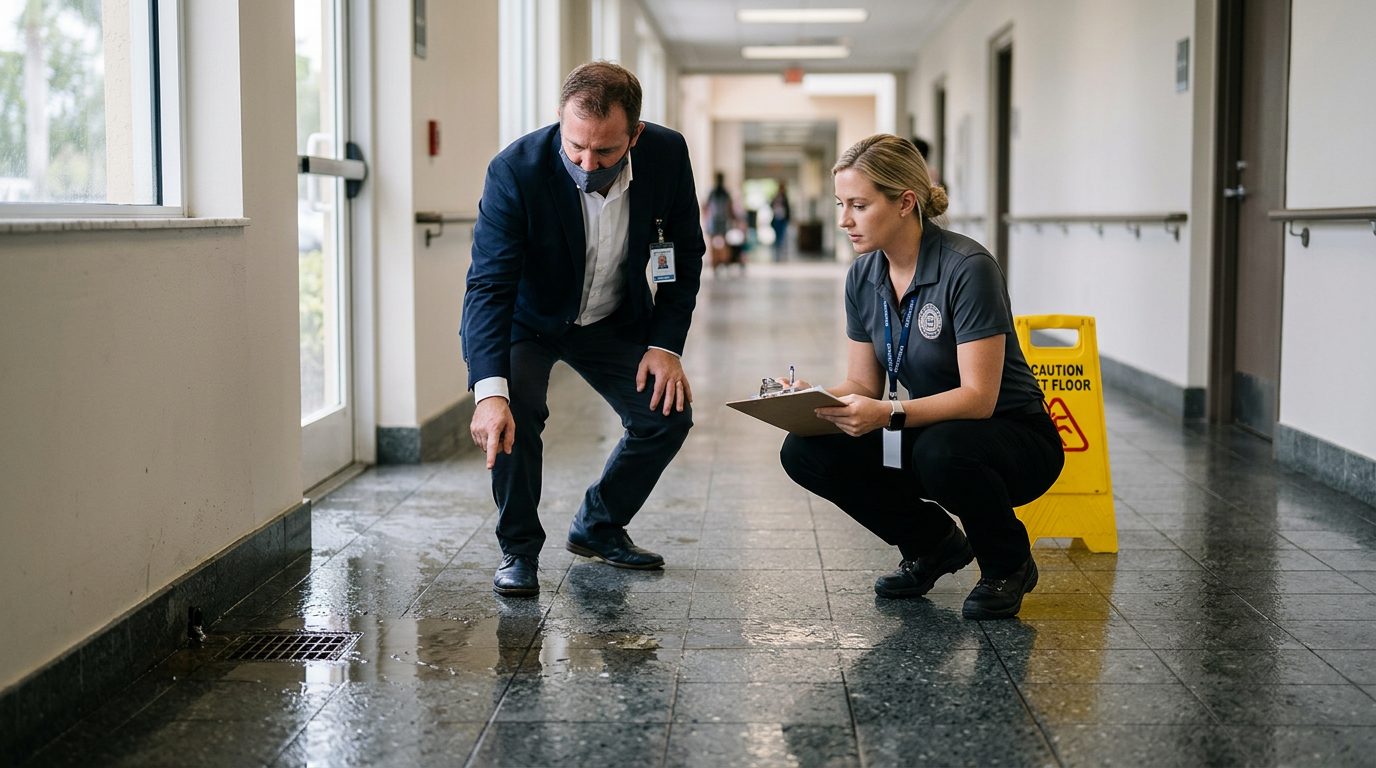 Property manager and safety inspector inspecting wet flooring and inadequate signage in commercial hallway.