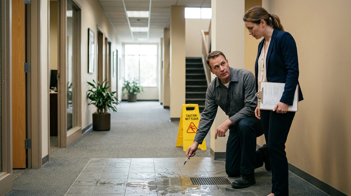Property manager and safety inspector inspecting wet flooring and inadequate signage in commercial hallway.