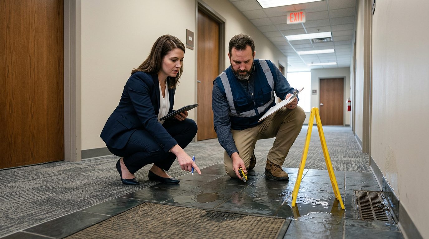 Property manager and safety inspector inspecting wet flooring and inadequate signage in commercial hallway.
