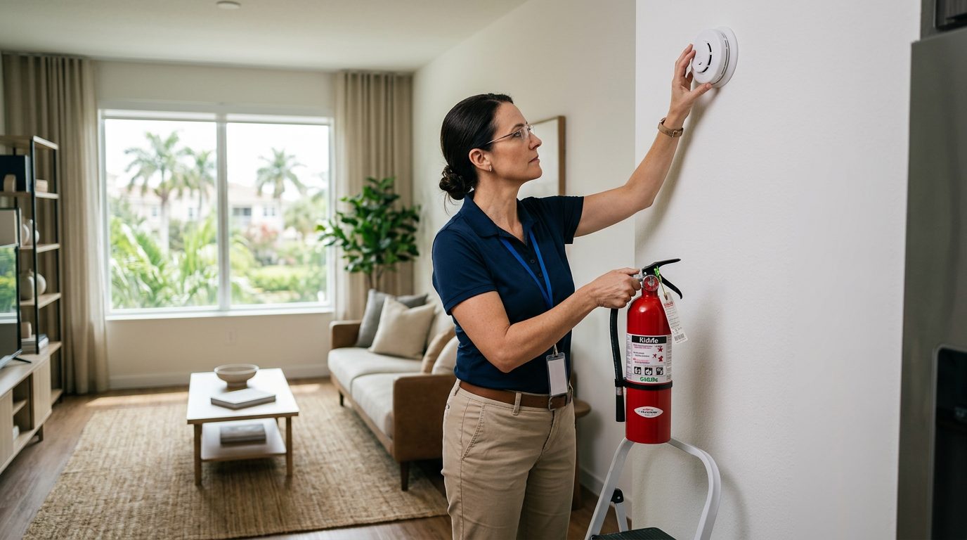 Property manager inspecting rental unit, checking smoke detector and fire extinguisher.