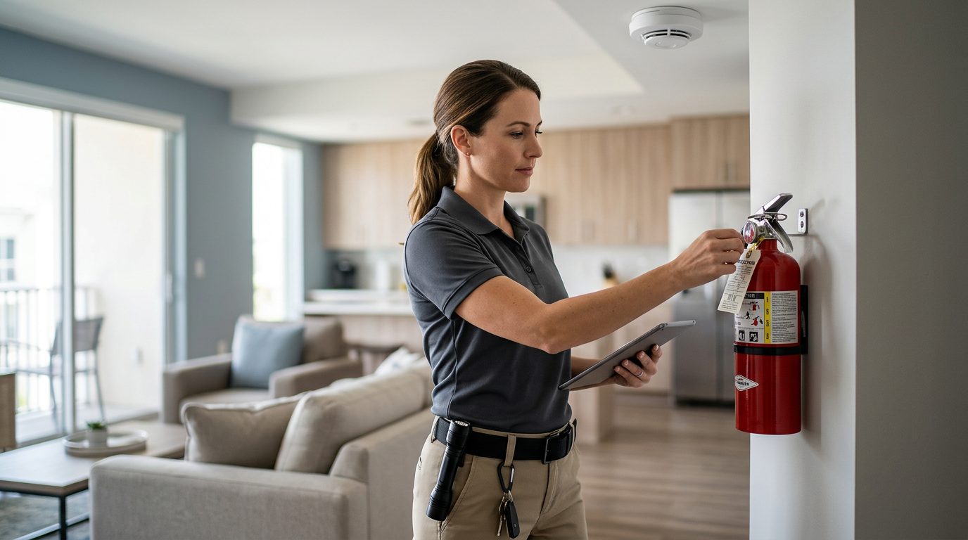 Property manager inspecting rental unit, checking smoke detector and fire extinguisher.