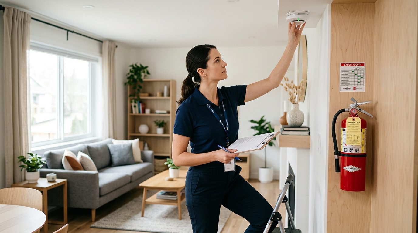 Property manager inspecting rental unit's smoke detectors and fire extinguishers for safety compliance.