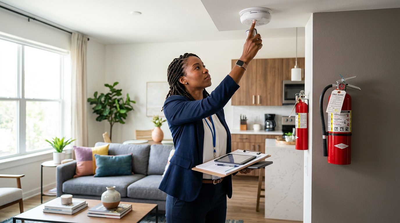 Property manager inspecting rental unit's smoke detectors and fire extinguishers for safety compliance.