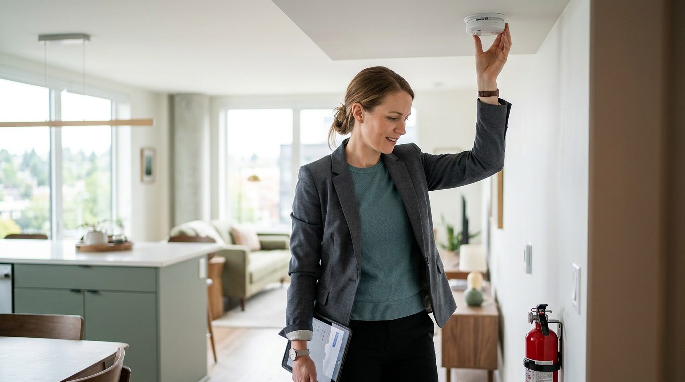 Property manager inspecting rental unit smoke detector and fire extinguisher for safety compliance.