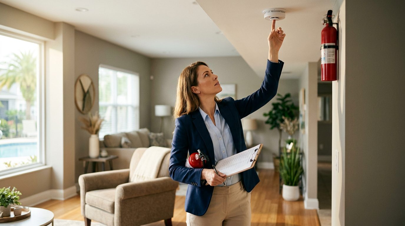 Property manager inspecting short-term rental unit, checking smoke detectors and fire extinguishers.