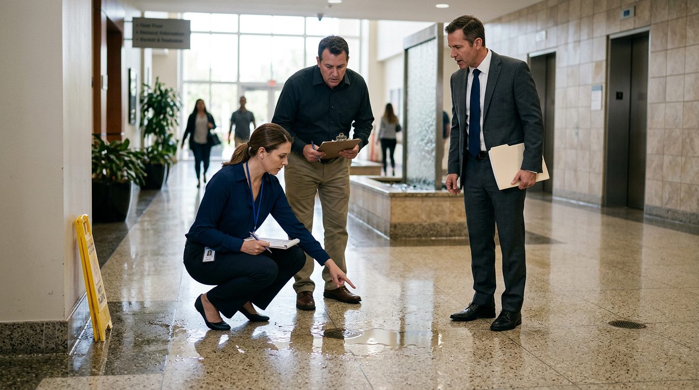Property manager inspecting wet floor and drainage hazards in commercial hallway.