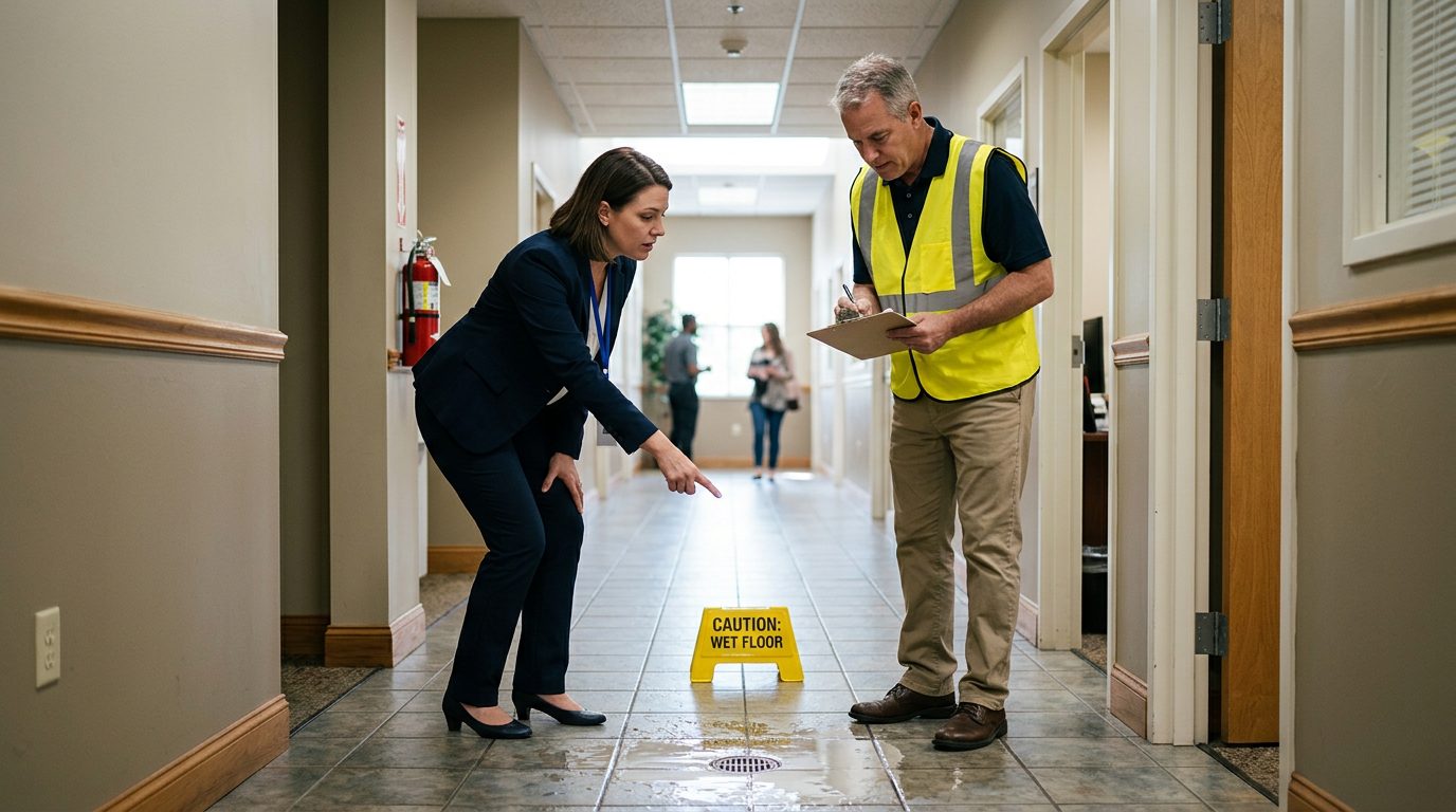 Property manager inspecting wet floor and drainage hazards in commercial hallway.