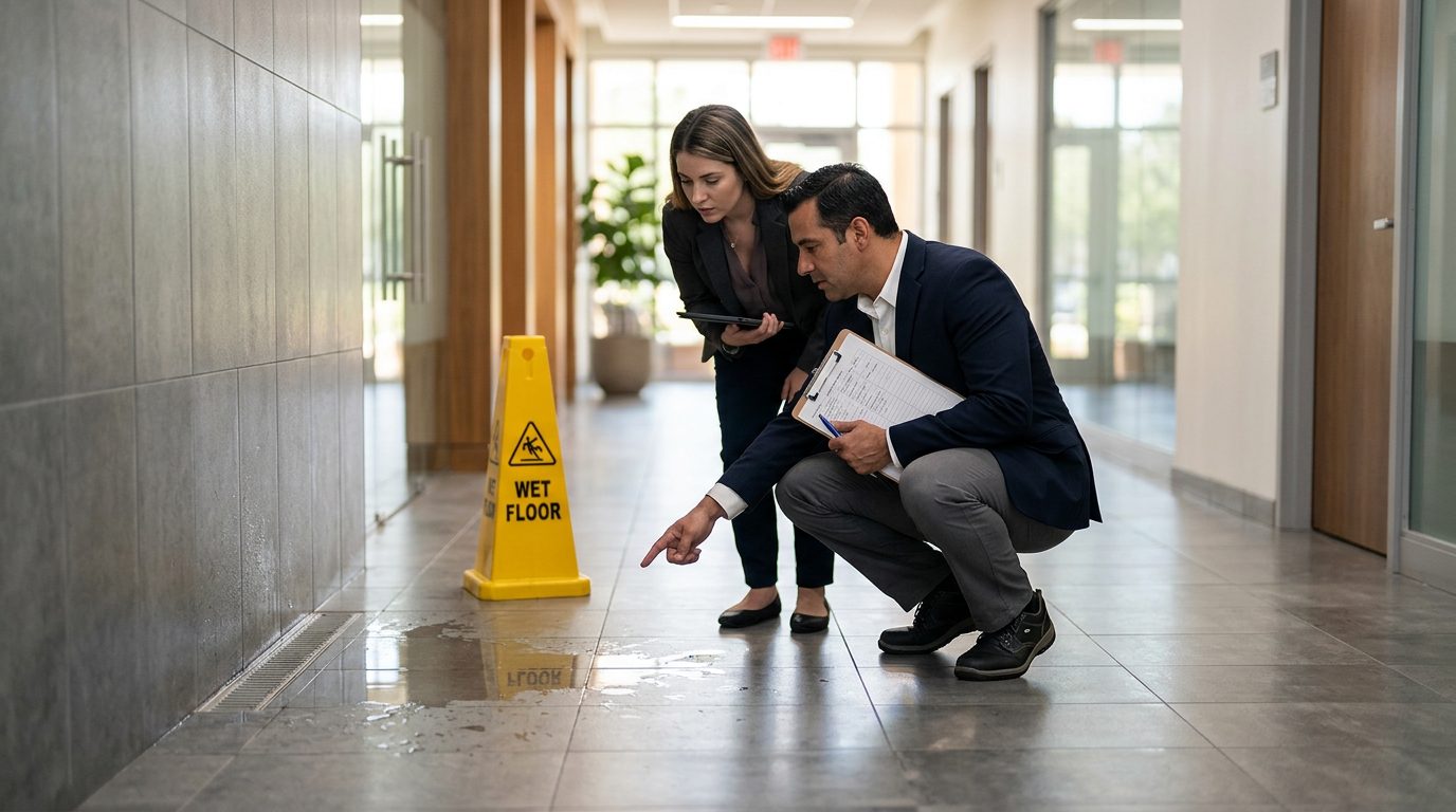 Property manager inspecting wet floor and drainage hazards in commercial hallway.