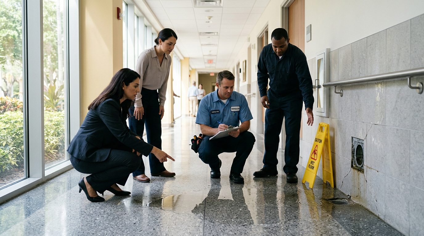 Property manager inspecting wet floor and drainage issues in commercial hallway.