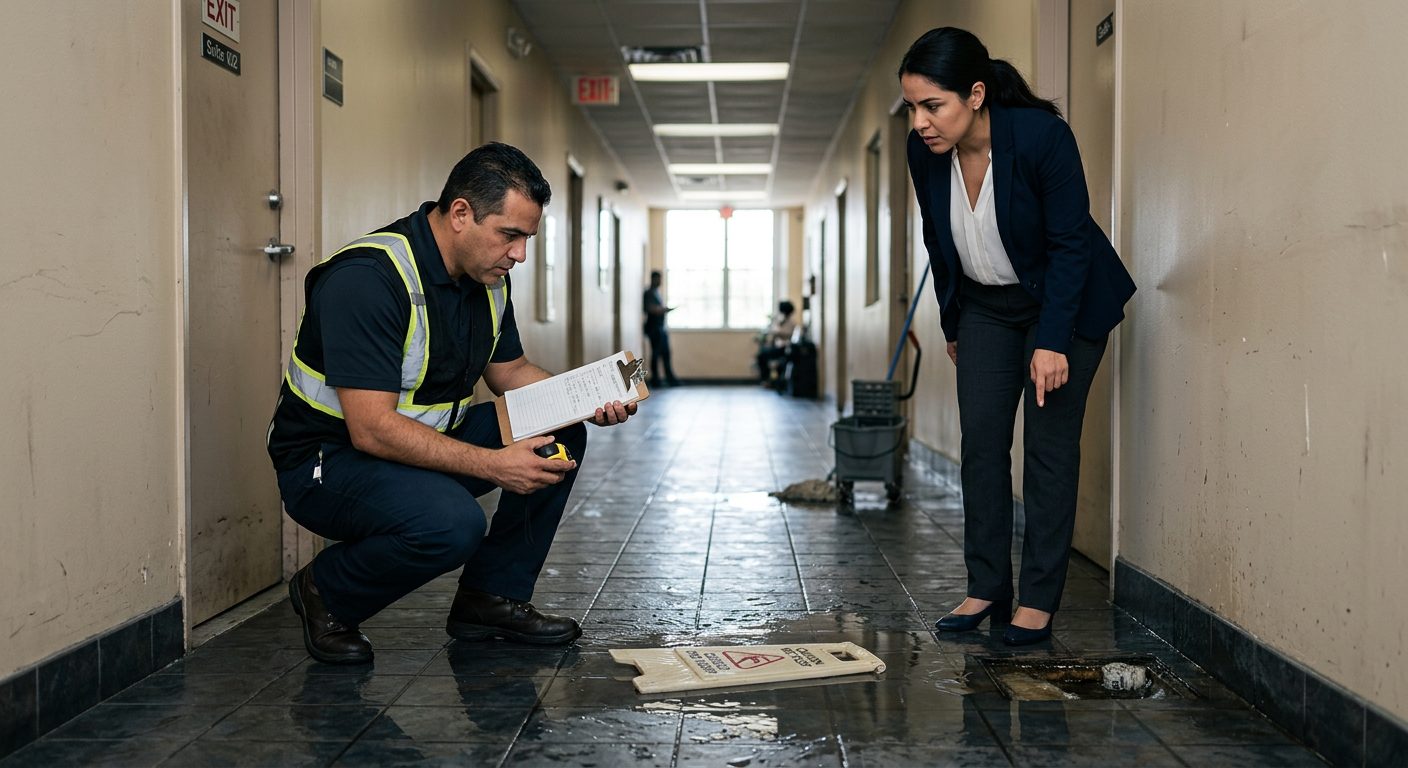 Property manager inspecting wet floor and drainage issues in commercial hallway.