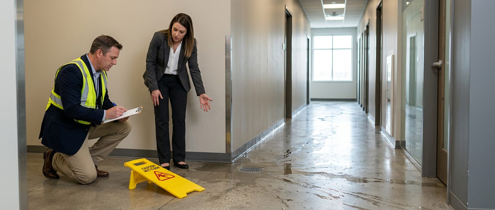Property manager inspecting wet floor and drainage issues in commercial hallway.