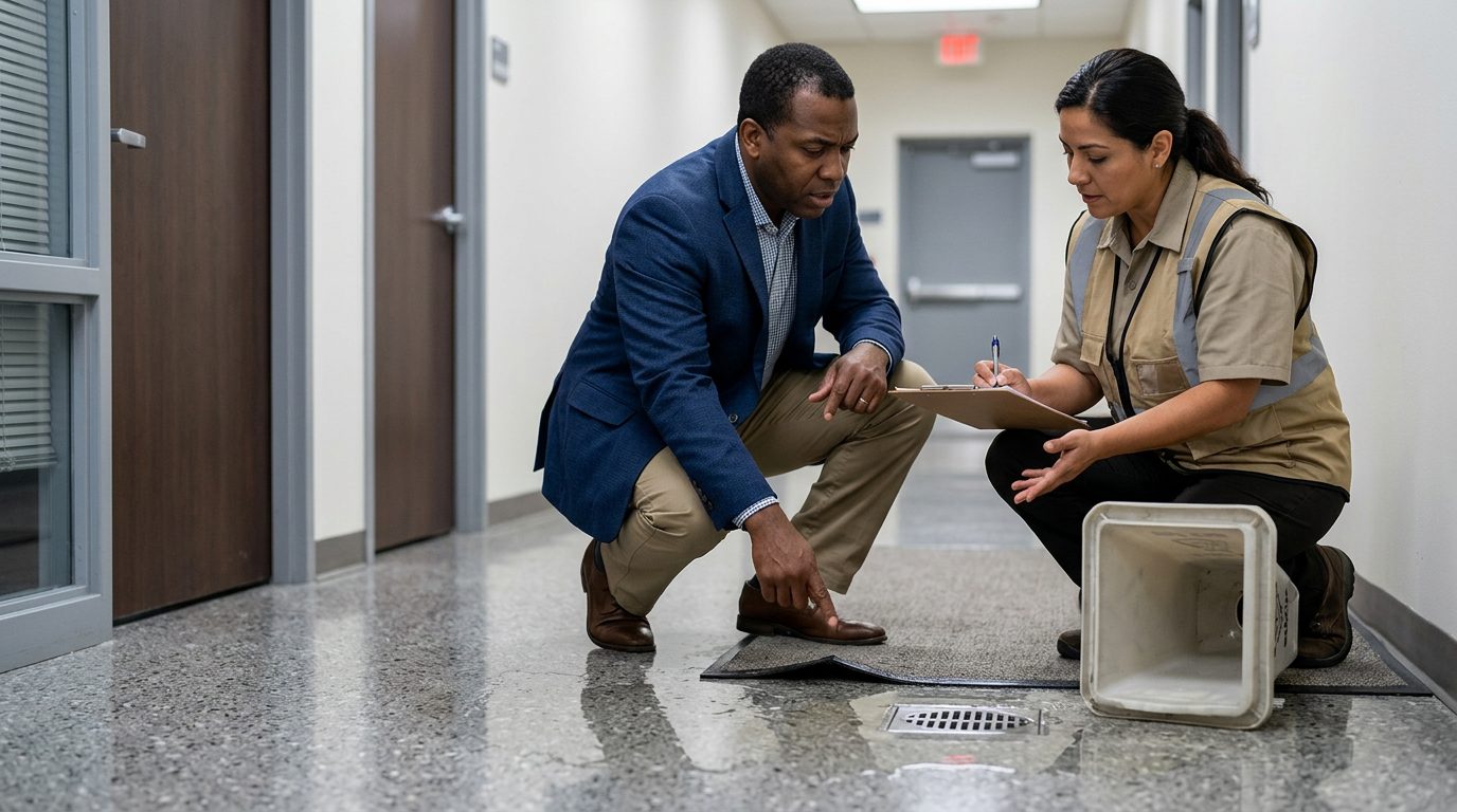 Property manager inspecting wet floor and drainage issues in commercial hallway for safety violations.