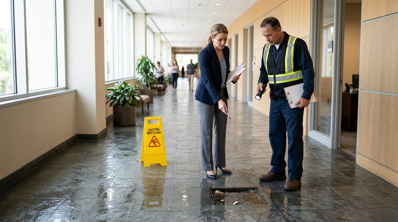 Property manager inspecting wet floor and inadequate signage in commercial hallway.